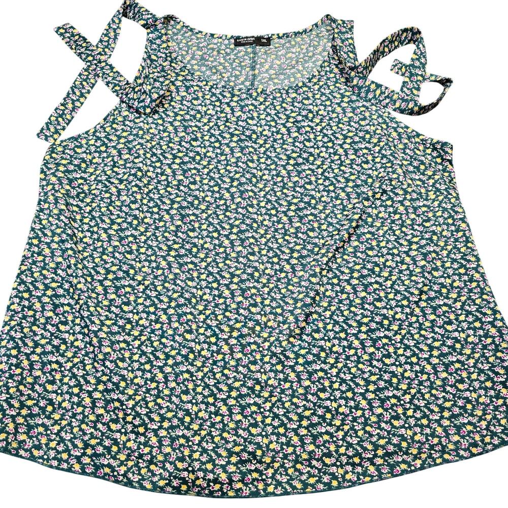 Shein Curve Green Floral Tank Tie Shoulders Scoop Neck Top Women's Plus Size 1XL